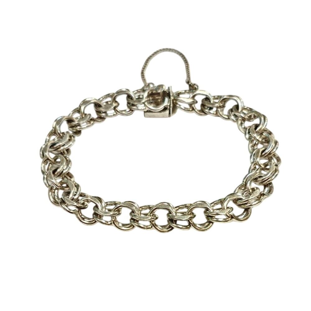 Vintage Rhodium Plated Sterling Silver Double Link Charm Bracelet